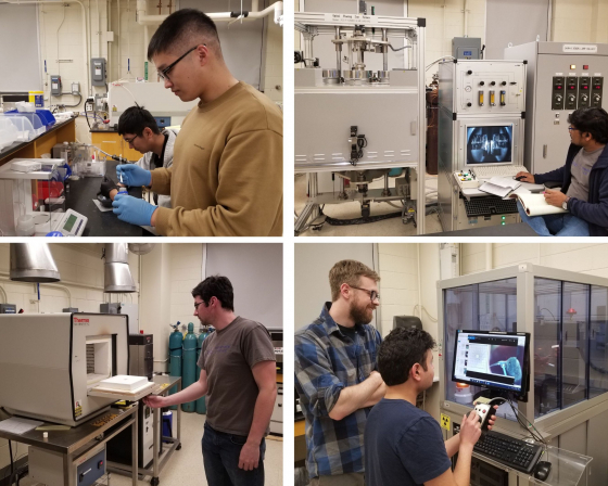 Collage of four photos representing members of the Haravifard lab using equipment 