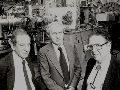  The picture with his UNC and NCSU colleagues Eugen Merzbacher and Worth Seagondollar shows him in one of the laboratory rooms of TUNL 