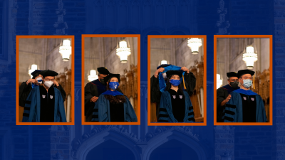 collage with four photos of students being hooded in Duke Chapel 
