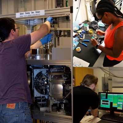 collage of students working in research labs